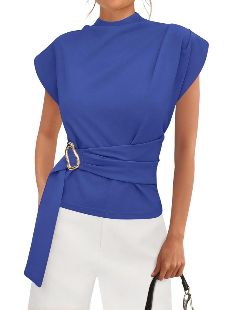Women's Blue Cap Sleeve Mock Neck Buckle Tunic Imported Casual Tops Shirts